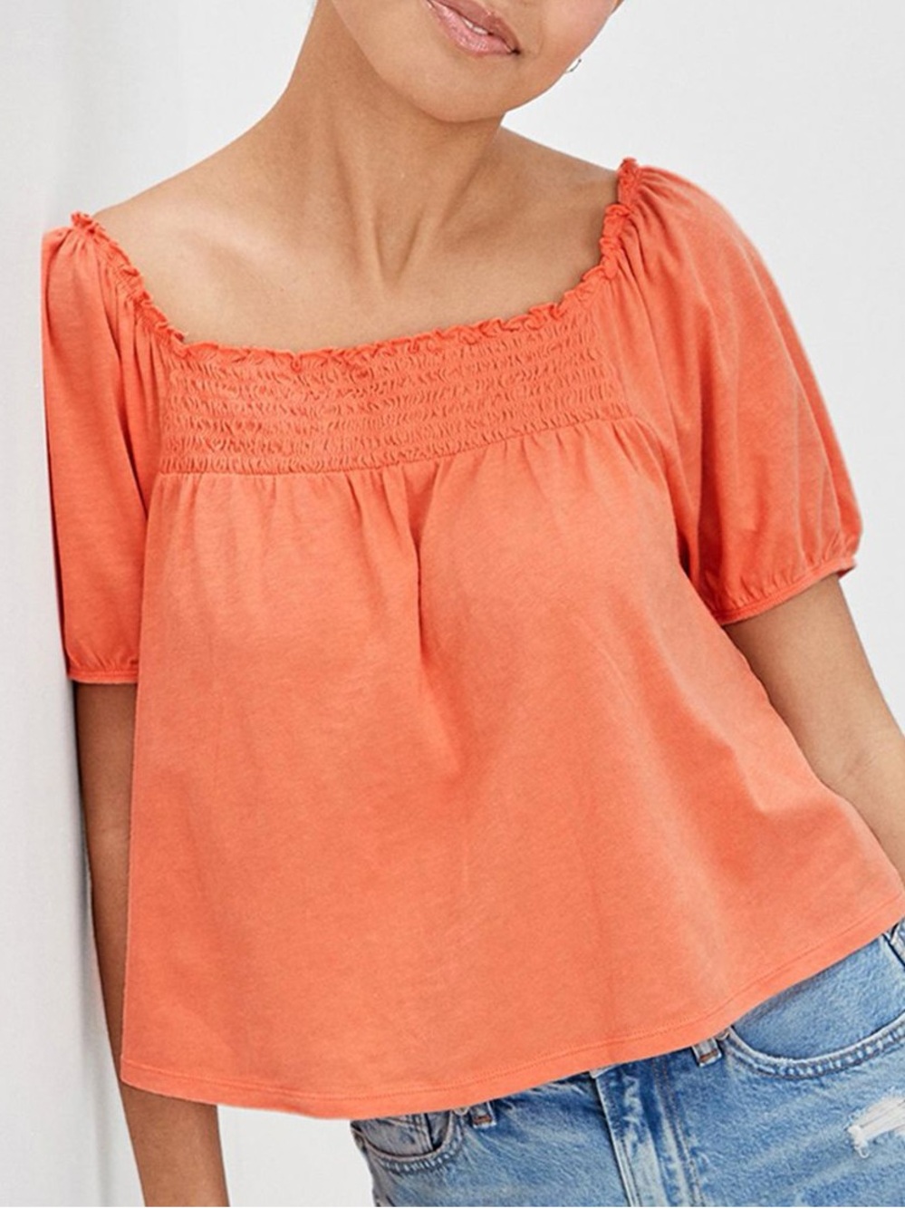 American Eagle Outfitters Coral Smocked Square-Neck Puff Sleeve Top
